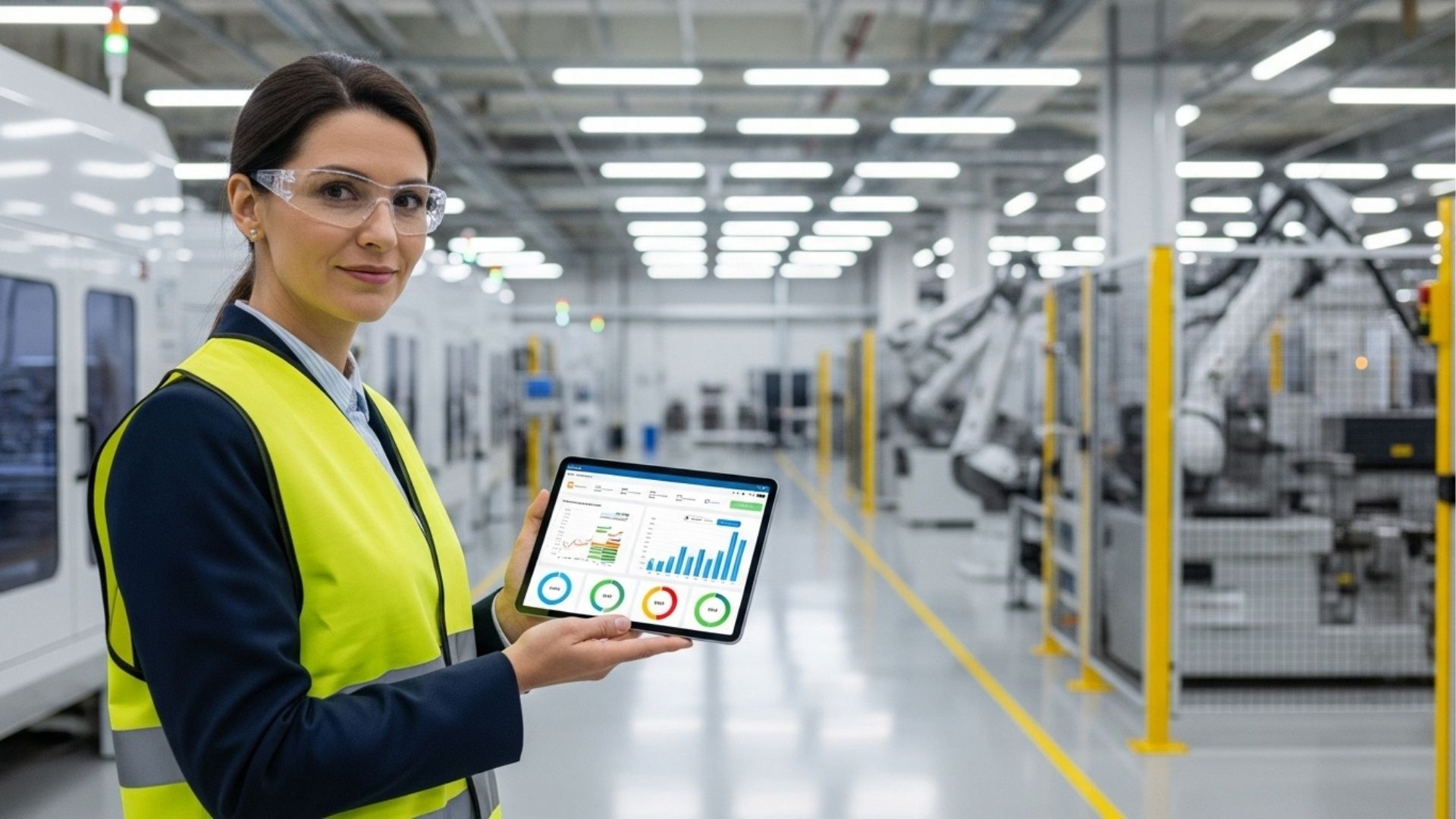 Mulher em uma fábrica usando colete de segurança, segurando um tablet com gráficos e dashboards de produção, olhando para a câmera, com máquinas industriais ao fundo.