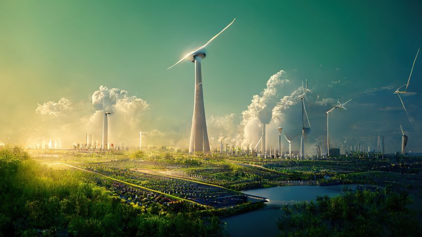 tipos-de-sustentabilidade-foto-com-enormes-moinhos-de-vento-baterias-solares-e-fabricas-fontes-renovaveis-​​de-energia