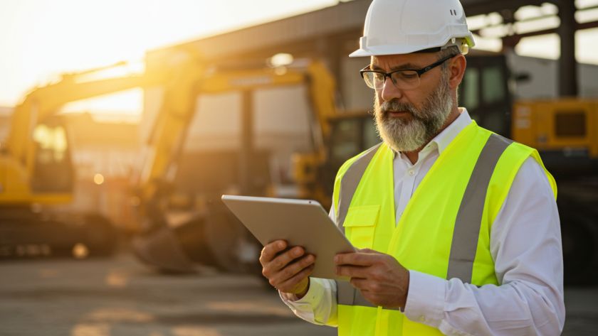 Um engenheiro de manutenção industrial, utilizando um tablet para gestão de operações em um ambiente de fábrica, enquanto observa maquinários ao fundo.