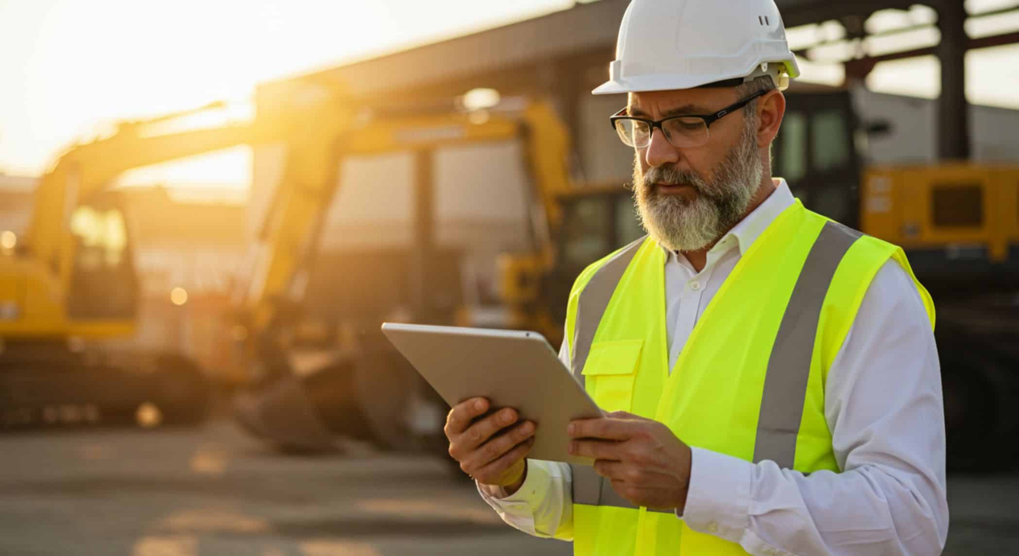 Um engenheiro de manutenção industrial, utilizando um tablet para gestão de operações em um ambiente de fábrica, enquanto observa maquinários ao fundo.