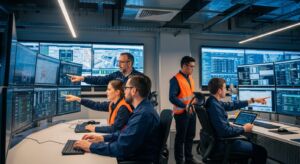 Equipe em centro de controle analisa dados em várias telas, coordenando operações industriais.