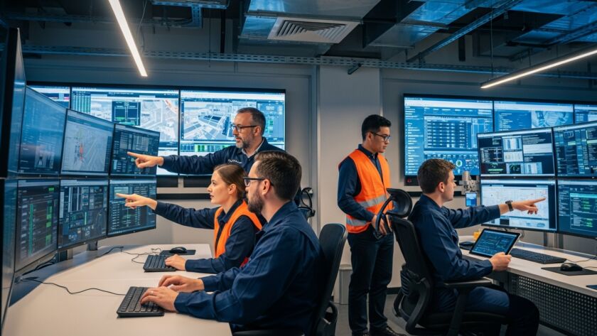 Equipe em centro de controle analisa dados em várias telas, coordenando operações industriais.