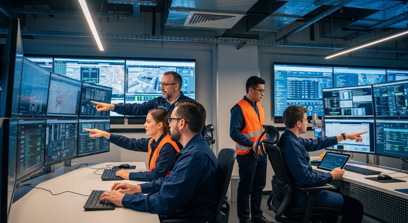 Equipe em centro de controle analisa dados em várias telas, coordenando operações industriais.