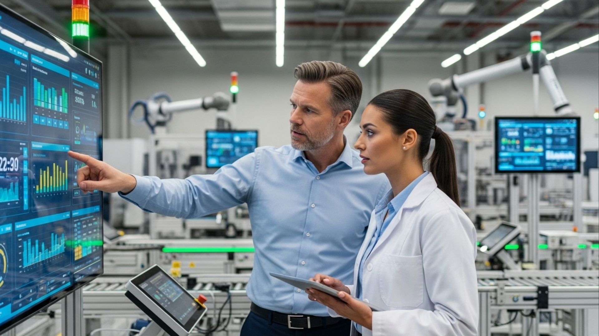 Homem apontando para tela com gráficos ao lado de mulher segurando tablet, em ambiente industrial com equipamentos automatizados ao fundo.
