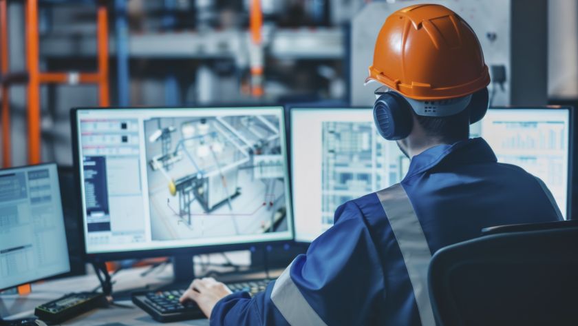 Profissional industrial usando capacete de segurança e protetores auriculares, monitorando painéis de controle e gráficos em várias telas de computador, em um ambiente de fábrica.