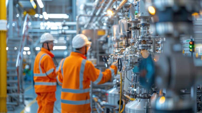 Dois trabalhadores usando uniformes de alta visibilidade e capacetes brancos inspecionam equipamentos industriais em uma fábrica moderna, cercados por tubulações e máquinas.