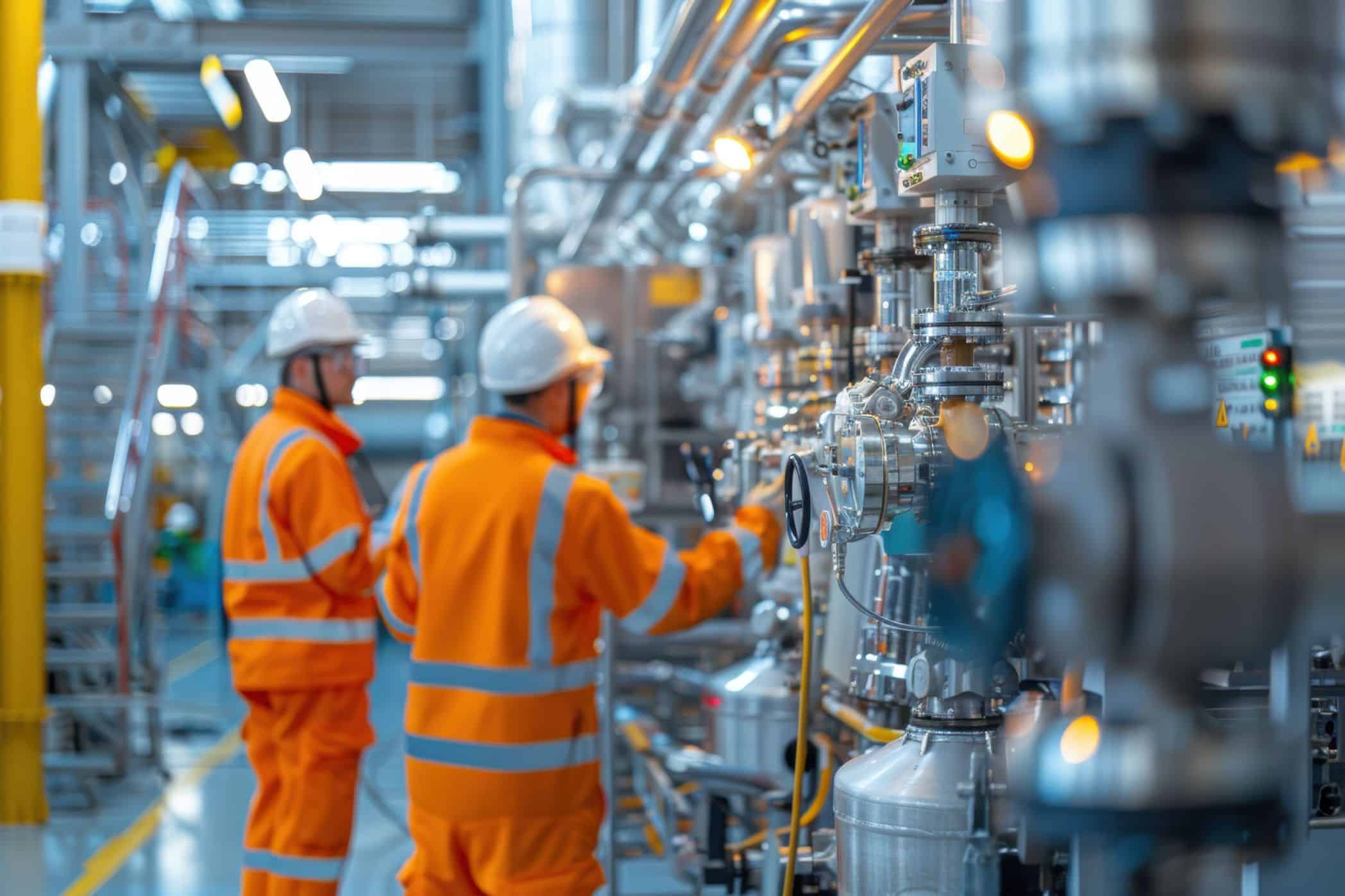 Dois trabalhadores usando uniformes de alta visibilidade e capacetes brancos inspecionam equipamentos industriais em uma fábrica moderna, cercados por tubulações e máquinas.
