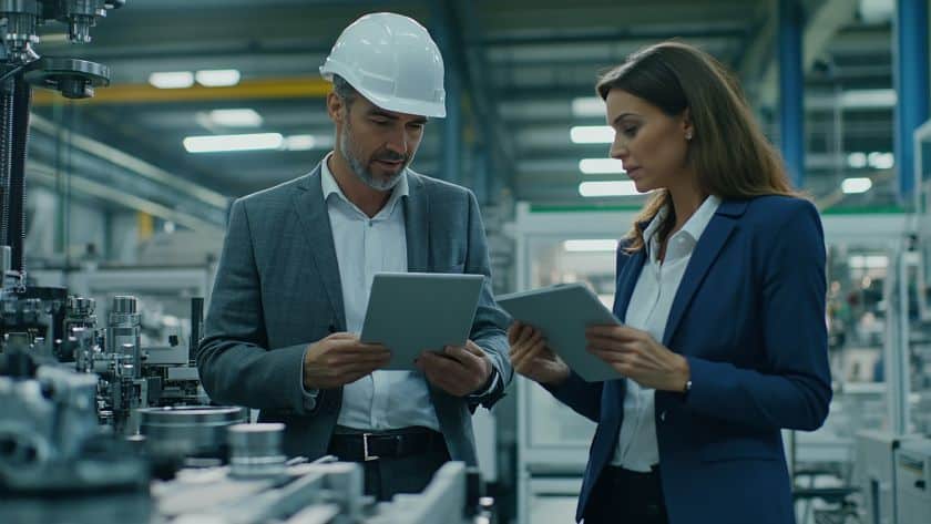 Dois profissionais de gestão de recursos industriais em uma fábrica moderna, revisando informações em tablets enquanto discutem processos de produção. Um dos profissionais usa capacete de segurança, demonstrando o compromisso com a segurança e eficiência no ambiente industrial.