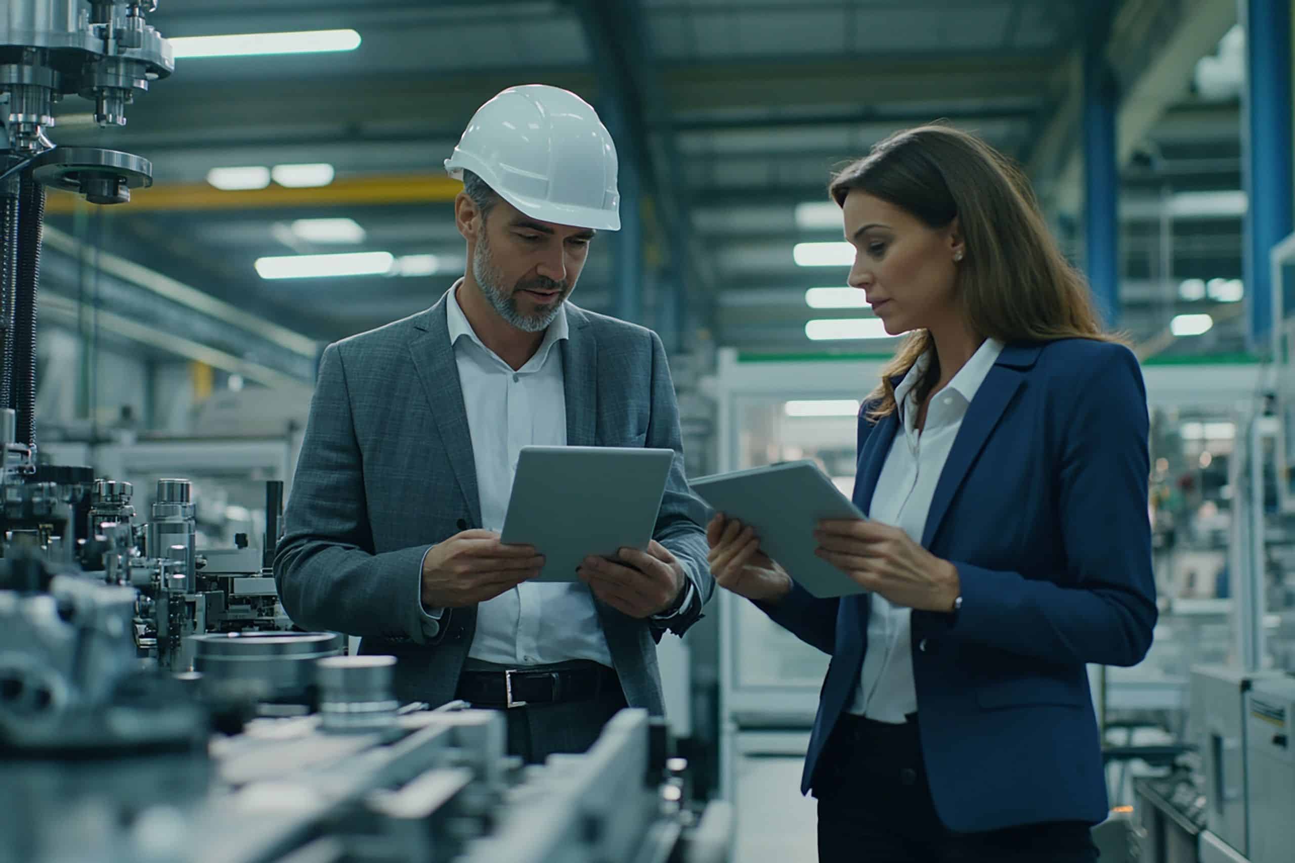 Dois profissionais de gestão de recursos industriais em uma fábrica moderna, revisando informações em tablets enquanto discutem processos de produção. Um dos profissionais usa capacete de segurança, demonstrando o compromisso com a segurança e eficiência no ambiente industrial.