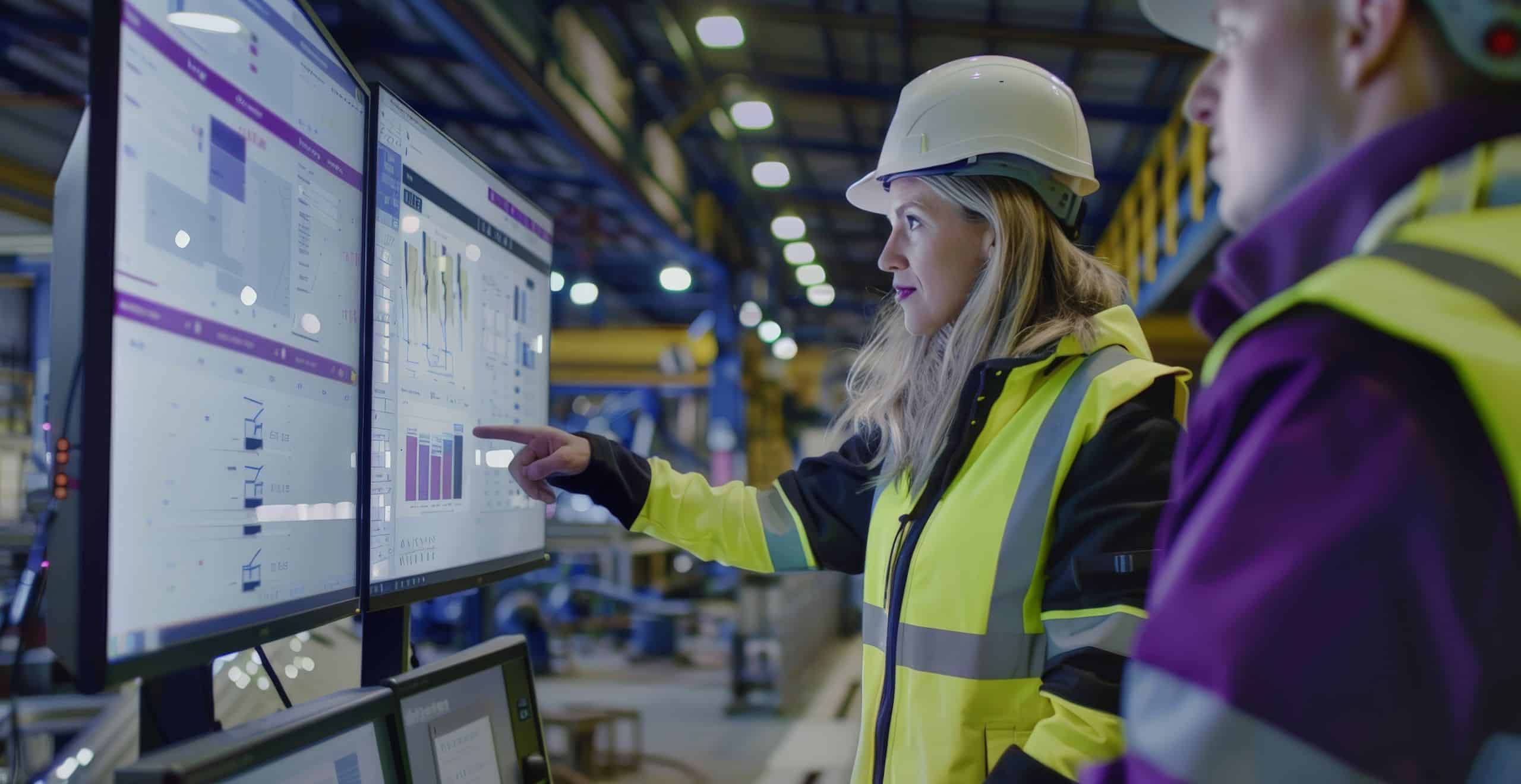 Duas pessoas em uma fábrica, vestindo coletes de segurança e capacetes, analisando dados de produtividade industrial exibidos em telas grandes.