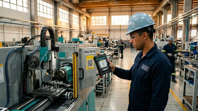 Foto em plano médio de um técnico de perfil à direita, monitorando o chão de fábrica. Ele veste um macacão de trabalho azul-escuro com uma etiqueta bordada no peito, usa óculos de proteção transparentes e um capacete de segurança azul-claro. O homem segura um dispositivo móvel industrial (PDA ou tablet robusto) com a mão esquerda e aponta a câmera do aparelho para ler um QR code amarelo e branco colado na lateral de uma máquina operatriz cinza e automatizada, identificada com a placa "MAQ-CNC-08". O maquinário possui uma janela de proteção transparente que mostra uma peça metálica sendo usinada em seu interior. Ao fundo, estende-se o amplo galpão iluminado da fábrica, com janelas altas e outro funcionário distante.