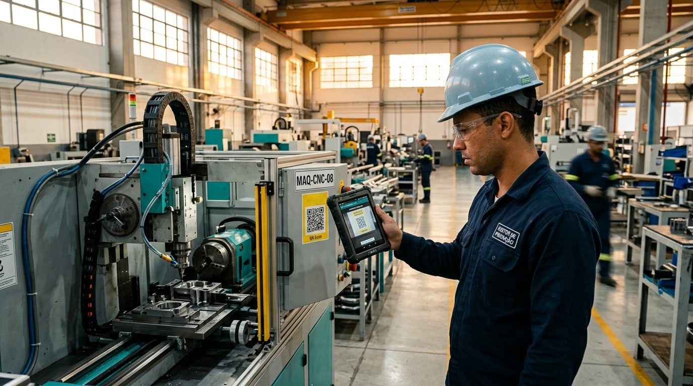Foto em plano médio de um técnico de perfil à direita, monitorando o chão de fábrica. Ele veste um macacão de trabalho azul-escuro com uma etiqueta bordada no peito, usa óculos de proteção transparentes e um capacete de segurança azul-claro. O homem segura um dispositivo móvel industrial (PDA ou tablet robusto) com a mão esquerda e aponta a câmera do aparelho para ler um QR code amarelo e branco colado na lateral de uma máquina operatriz cinza e automatizada, identificada com a placa "MAQ-CNC-08". O maquinário possui uma janela de proteção transparente que mostra uma peça metálica sendo usinada em seu interior. Ao fundo, estende-se o amplo galpão iluminado da fábrica, com janelas altas e outro funcionário distante.
