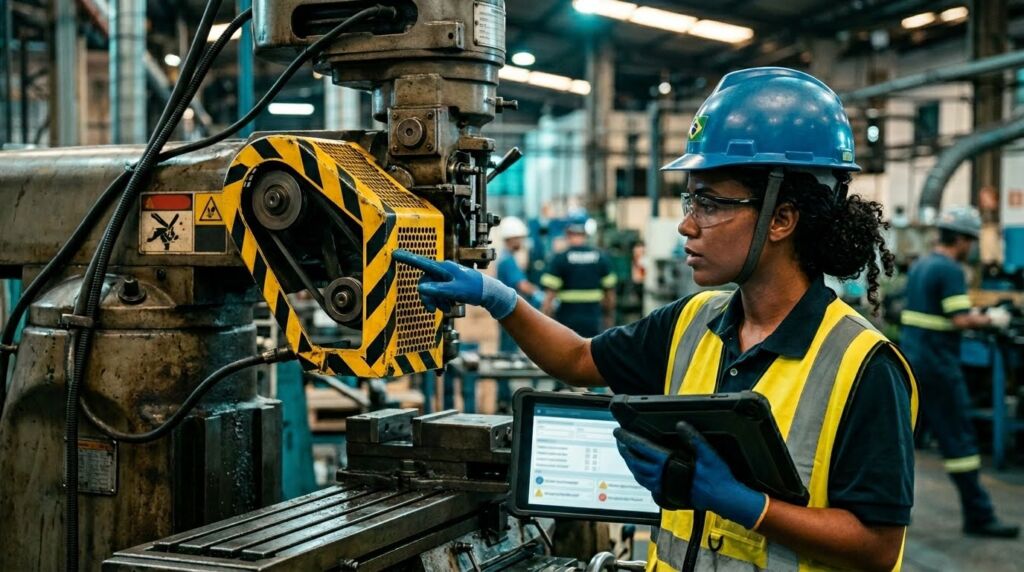 Foto em plano médio de uma mulher negra trabalhando como técnica ou inspetora industrial. Ela está de perfil, voltada para a esquerda, usando um capacete de segurança azul (com um pequeno adesivo da bandeira do Brasil na frente), óculos de proteção transparentes, camisa polo escura sob um colete refletivo amarelo e luvas de proteção azuis. Com a mão esquerda ela segura um tablet robusto, enquanto aponta o dedo indicador direito para o sistema de polias e correias de uma grande máquina operatriz cinza. A área interna da máquina possui uma grade de proteção pintada com listras diagonais amarelas e pretas de sinalização de advertência. Ao fundo, o pátio da fábrica aparece movimentado, com outros operários uniformizados fora de foco.
