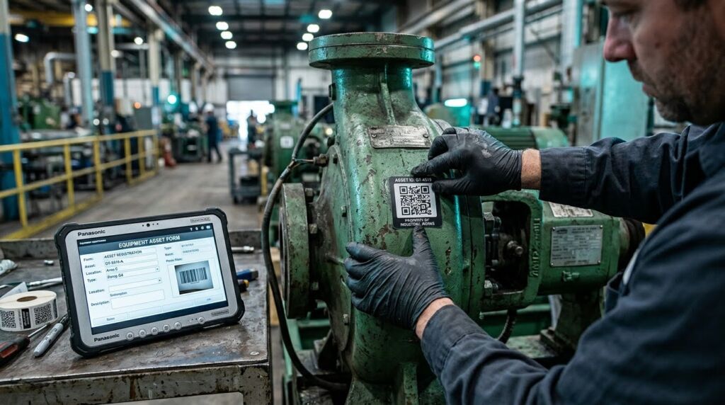 Foto em primeiro plano focada no processo de identificação de ativos industriais. À direita, um operador usando luvas de nitrilo pretas aplica um adesivo quadrado preto com um QR code e a inscrição "ASSET ID: GT-4S19" na carcaça de uma grande bomba hidráulica de metal verde-escura e envelhecida. À esquerda, apoiado sobre uma bancada metálica áspera, há um tablet robusto da marca Panasonic com a tela ligada, exibindo um formulário digital intitulado "EQUIPMENT ASSET FORM", preenchido com dados de registro de equipamentos e um código de barras. Ao lado do tablet, encontram-se um rolo de etiquetas brancas e uma caneta marcadora preta. O fundo mostra o corredor desfocado de um galpão fabril com iluminação alta.
