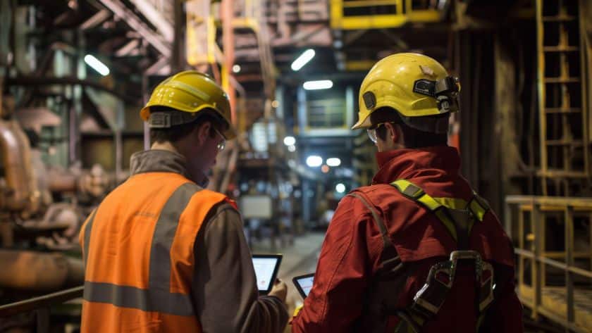 Dois trabalhadores industriais usando capacetes e equipamentos de segurança, consultando tablets em um ambiente industrial. A cena retrata uma análise técnica ou planejamento de tarefas em uma planta fabril, com foco na segurança e eficiência operacional.