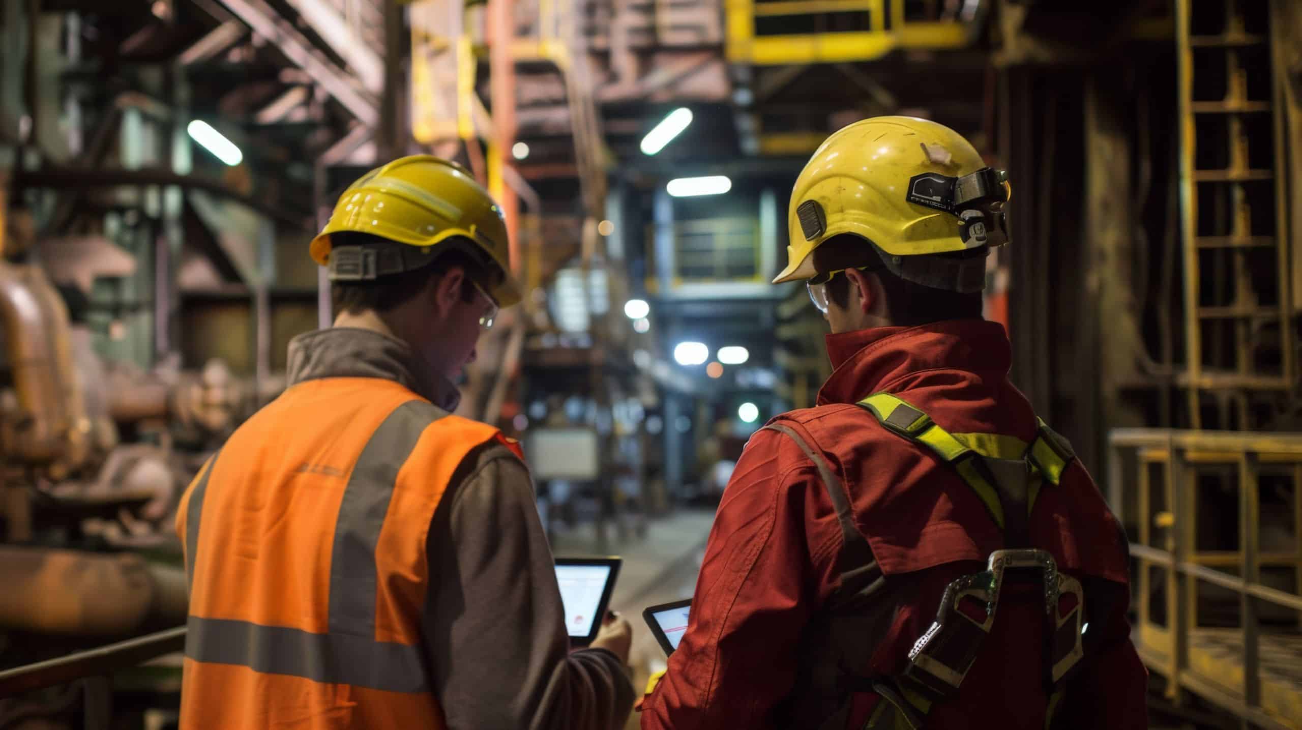 Dois trabalhadores industriais usando capacetes e equipamentos de segurança, consultando tablets em um ambiente industrial. A cena retrata uma análise técnica ou planejamento de tarefas em uma planta fabril, com foco na segurança e eficiência operacional.