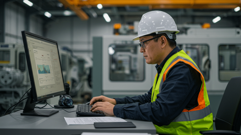 Um engenheiro industrial usando colete refletivo e capacete branco trabalha em um computador dentro de uma fábrica moderna. O monitor exibe gráficos e dados analíticos, indicando a análise de processos ou eficiência de produção. O ambiente ao fundo contém maquinários industriais sofisticados, sugerindo um cenário de manufatura avançada e automação.