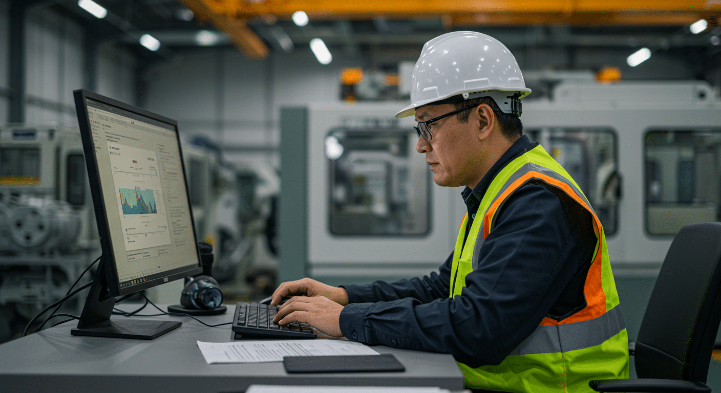 Um engenheiro industrial usando colete refletivo e capacete branco trabalha em um computador dentro de uma fábrica moderna. O monitor exibe gráficos e dados analíticos, indicando a análise de processos ou eficiência de produção. O ambiente ao fundo contém maquinários industriais sofisticados, sugerindo um cenário de manufatura avançada e automação.