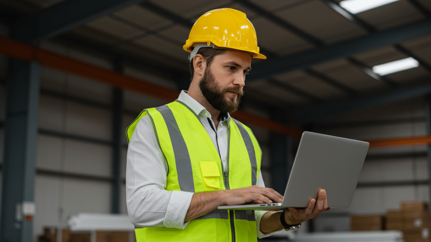 Um homem com barba, vestindo colete refletivo amarelo e capacete de segurança, trabalha em um laptop dentro de um grande armazém industrial. O fundo mostra prateleiras com caixas e uma estrutura metálica, indicando um ambiente de logística ou gestão industrial.