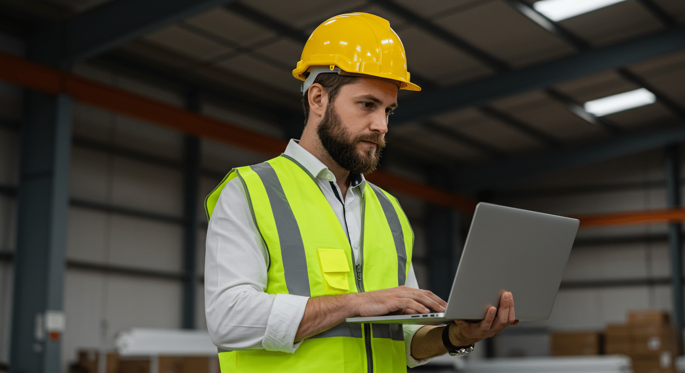 Um homem com barba, vestindo colete refletivo amarelo e capacete de segurança, trabalha em um laptop dentro de um grande armazém industrial. O fundo mostra prateleiras com caixas e uma estrutura metálica, indicando um ambiente de logística ou gestão industrial.