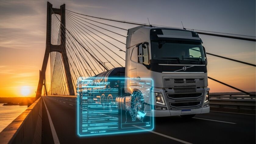 Um caminhão moderno cruza uma ponte estaiada ao pôr do sol. Sobreposta à imagem, há uma interface digital azul e futurista exibindo dados técnicos e um mapa, com o título "CARGO MANIFEST", simbolizando a digitalização do Manifesto Internacional de Carga.