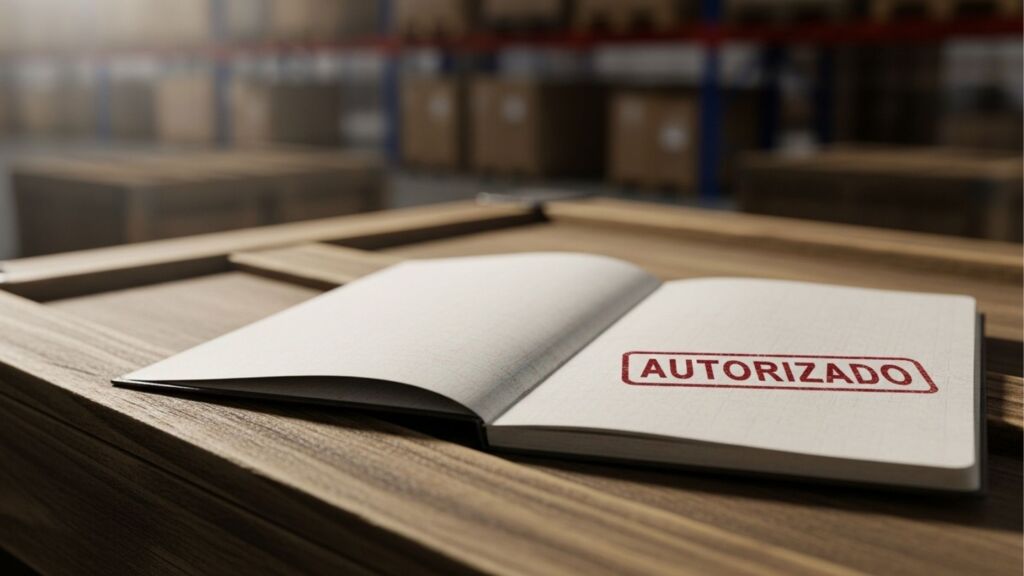 Close de um caderno ou livro de registros aberto sobre uma superfície de madeira dentro de um armazém. Na página direita, destaca-se um carimbo vermelho com a palavra "AUTORIZADO", representando a liberação documental em processos logísticos.