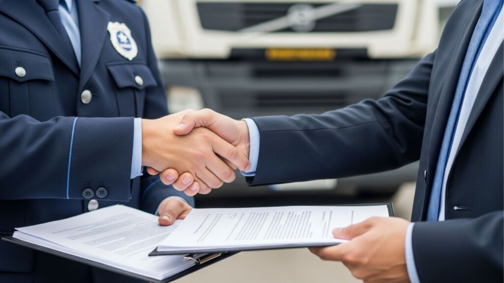 Close de um aperto de mãos entre um oficial uniformizado (provavelmente um agente aduaneiro) e um executivo de terno. Eles seguram uma pasta com documentos contratuais, com a frente de um caminhão desfocada ao fundo.
