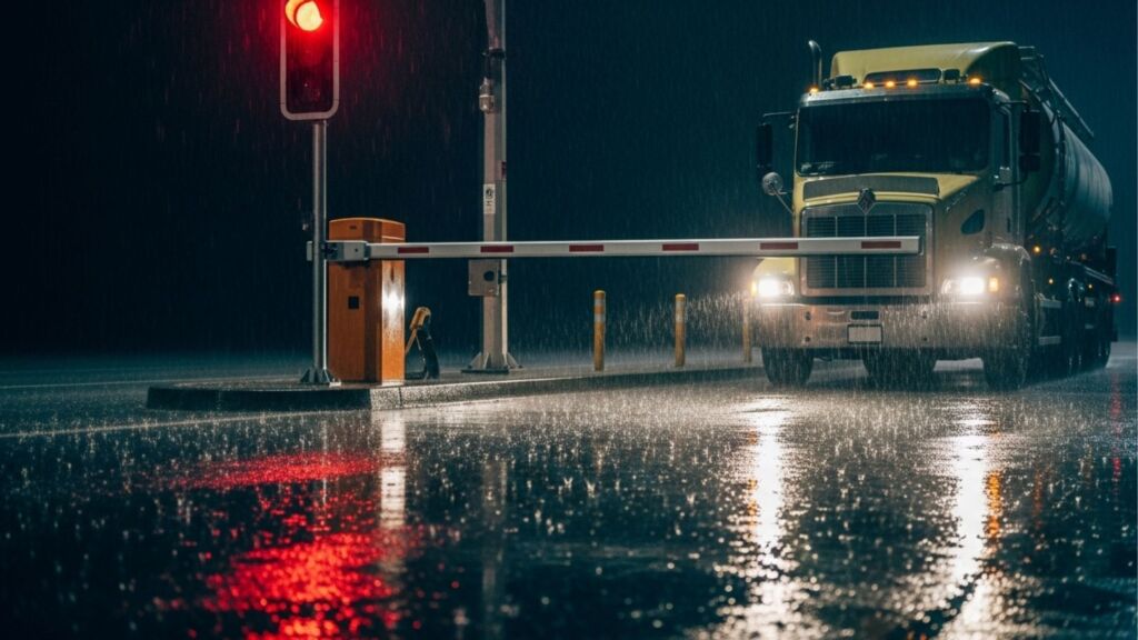 Imagem noturna sob chuva intensa. Um caminhão-tanque amarelo está parado diante de uma cancela de segurança fechada em uma rodovia iluminada por um sinal vermelho, simbolizando atrasos ou controles rigorosos no transporte.
