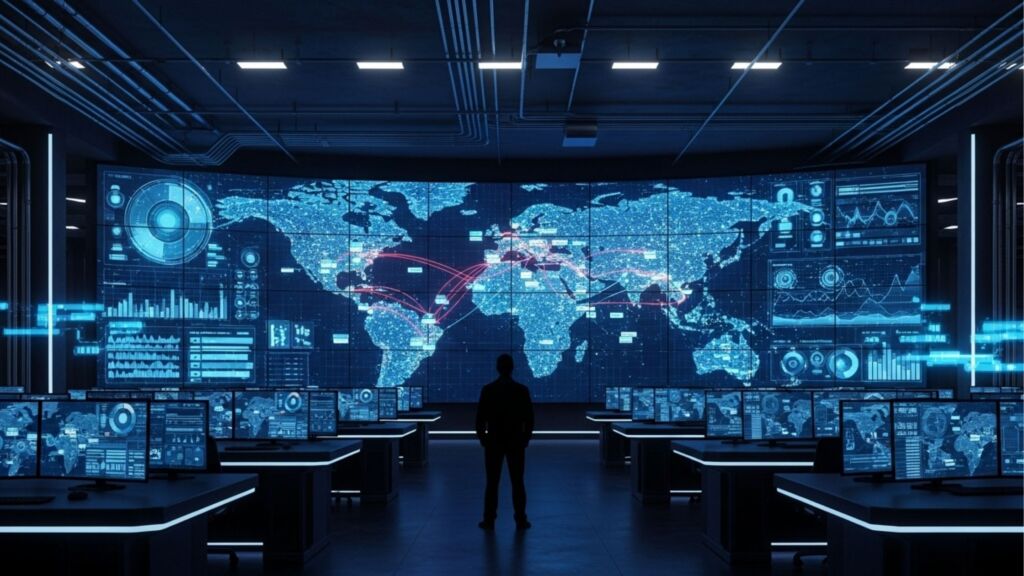 Silhueta de uma pessoa de costas observando uma enorme tela curva em uma sala de controle escura. A tela exibe um mapa-múndi com rotas comerciais conectadas por linhas brilhantes e diversos gráficos de dados em tempo real.