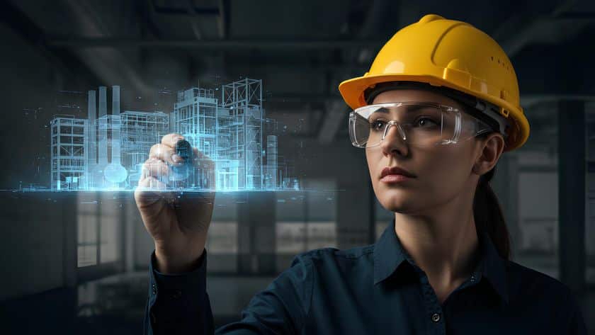 Mulher engenheira com capacete amarelo e óculos de proteção interagindo com um holograma azul de uma planta industrial digital.