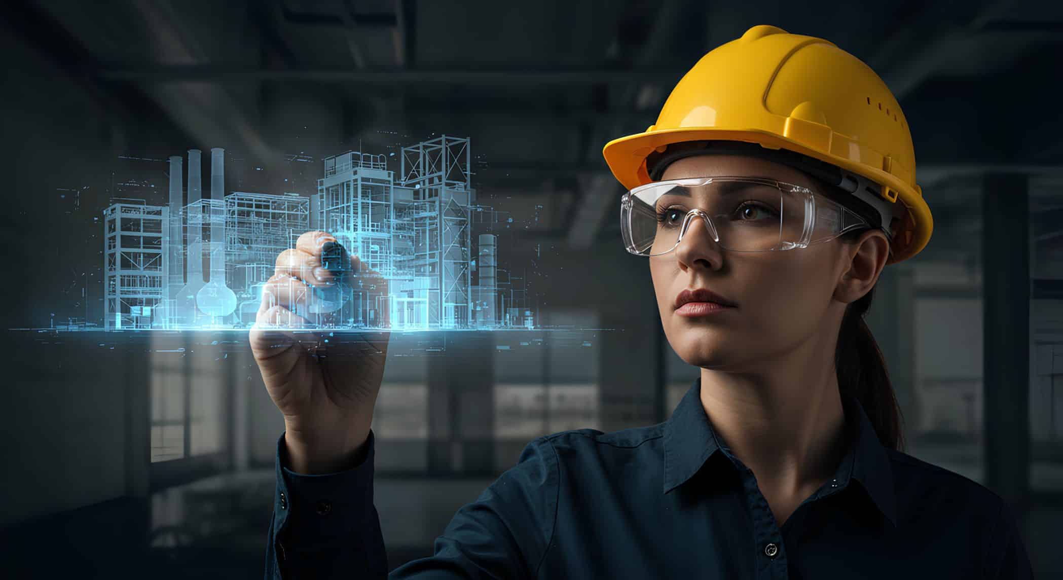 Mulher engenheira com capacete amarelo e óculos de proteção interagindo com um holograma azul de uma planta industrial digital.