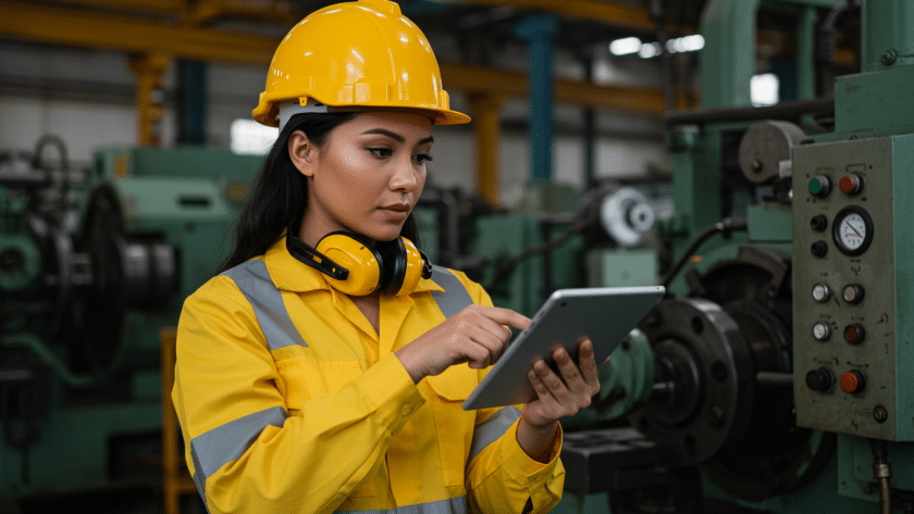 Mulher usando uniforme de segurança amarelo, capacete e protetor auricular em uma indústria, segurando um tablet e analisando informações. Ao fundo, há máquinas industriais e painéis de controle.