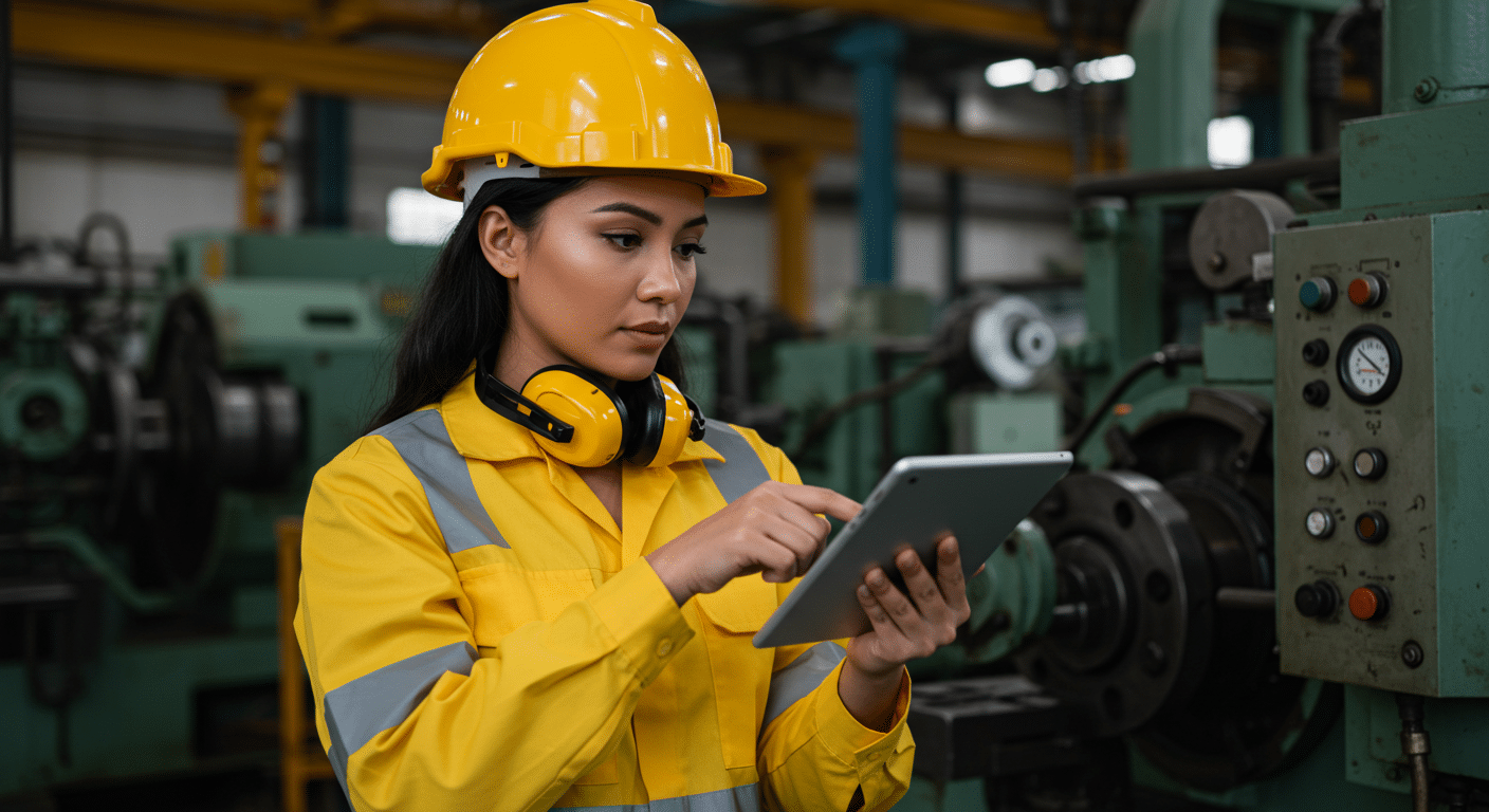 Mulher usando uniforme de segurança amarelo, capacete e protetor auricular em uma indústria, segurando um tablet e analisando informações. Ao fundo, há máquinas industriais e painéis de controle.