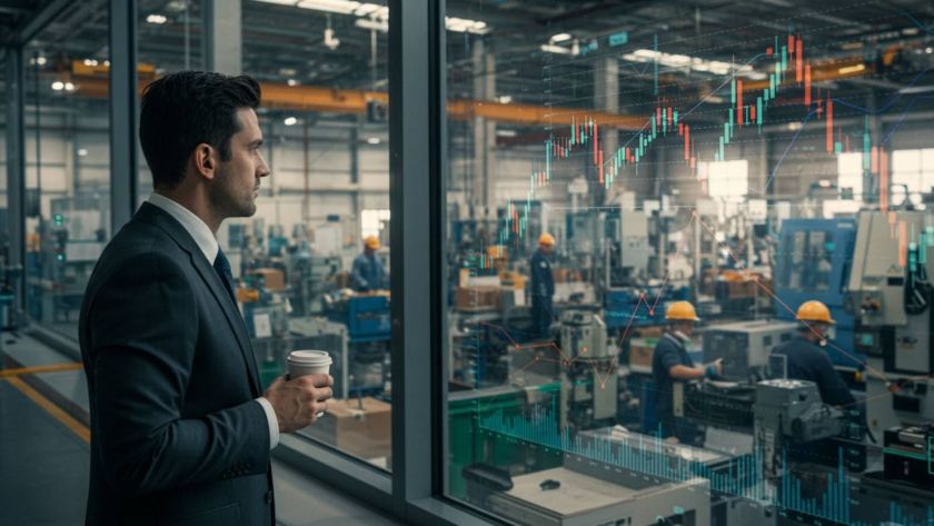 A imagem mostra um homem de terno e gravata, segurando um copo de café enquanto observa atentamente o interior de uma fábrica através de uma janela. No vidro da janela, há gráficos financeiros e indicadores de desempenho, sugerindo que ele está analisando dados sobre a produção ou o desempenho da indústria. O ambiente da fábrica é moderno, com trabalhadores usando capacetes de segurança e operando máquinas. A cena transmite uma atmosfera de gestão industrial, focada na análise e tomada de decisões estratégicas baseadas em dados.