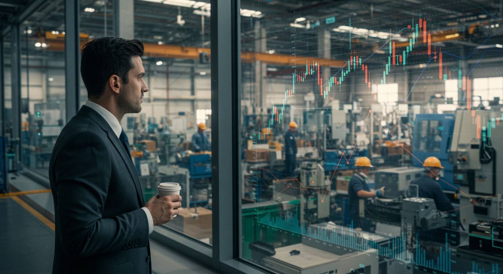 A imagem mostra um homem de terno e gravata, segurando um copo de café enquanto observa atentamente o interior de uma fábrica através de uma janela. No vidro da janela, há gráficos financeiros e indicadores de desempenho, sugerindo que ele está analisando dados sobre a produção ou o desempenho da indústria. O ambiente da fábrica é moderno, com trabalhadores usando capacetes de segurança e operando máquinas. A cena transmite uma atmosfera de gestão industrial, focada na análise e tomada de decisões estratégicas baseadas em dados.