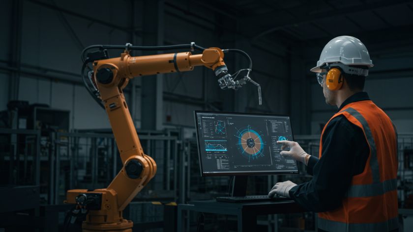 A imagem mostra um profissional trabalhando em uma fábrica de automação industrial. Ele está monitorando um braço robótico que está sendo controlado através de um computador, com gráficos e dados em tempo real visíveis na tela. O profissional utiliza equipamentos de segurança, como capacete e protetor auricular, enquanto interage com a interface digital para otimizar os processos da linha de produção.