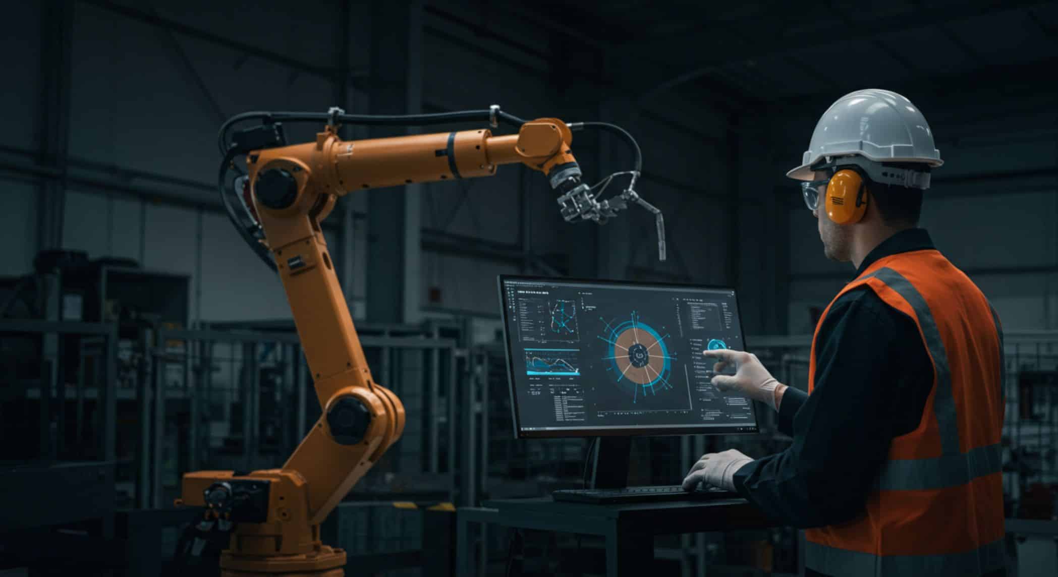 A imagem mostra um profissional trabalhando em uma fábrica de automação industrial. Ele está monitorando um braço robótico que está sendo controlado através de um computador, com gráficos e dados em tempo real visíveis na tela. O profissional utiliza equipamentos de segurança, como capacete e protetor auricular, enquanto interage com a interface digital para otimizar os processos da linha de produção.