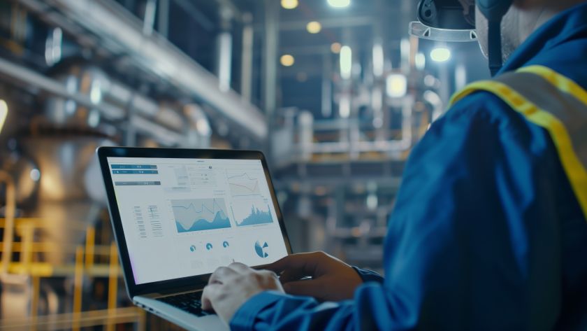 A imagem mostra um profissional em ambiente industrial utilizando um notebook para monitorar dados e gráficos em tempo real. Vestindo uniforme azul com colete refletivo e capacete com visor de proteção, ele parece estar inspecionando processos dentro de uma fábrica moderna e automatizada, cercada por tubulações metálicas e equipamentos industriais. Na tela do computador, diversos gráficos de desempenho e indicadores de produção sugerem uma análise detalhada de métricas operacionais, reforçando o conceito de gestão eficiente, controle de centro de custo e tomada de decisão baseada em dados dentro da indústria 4.0.