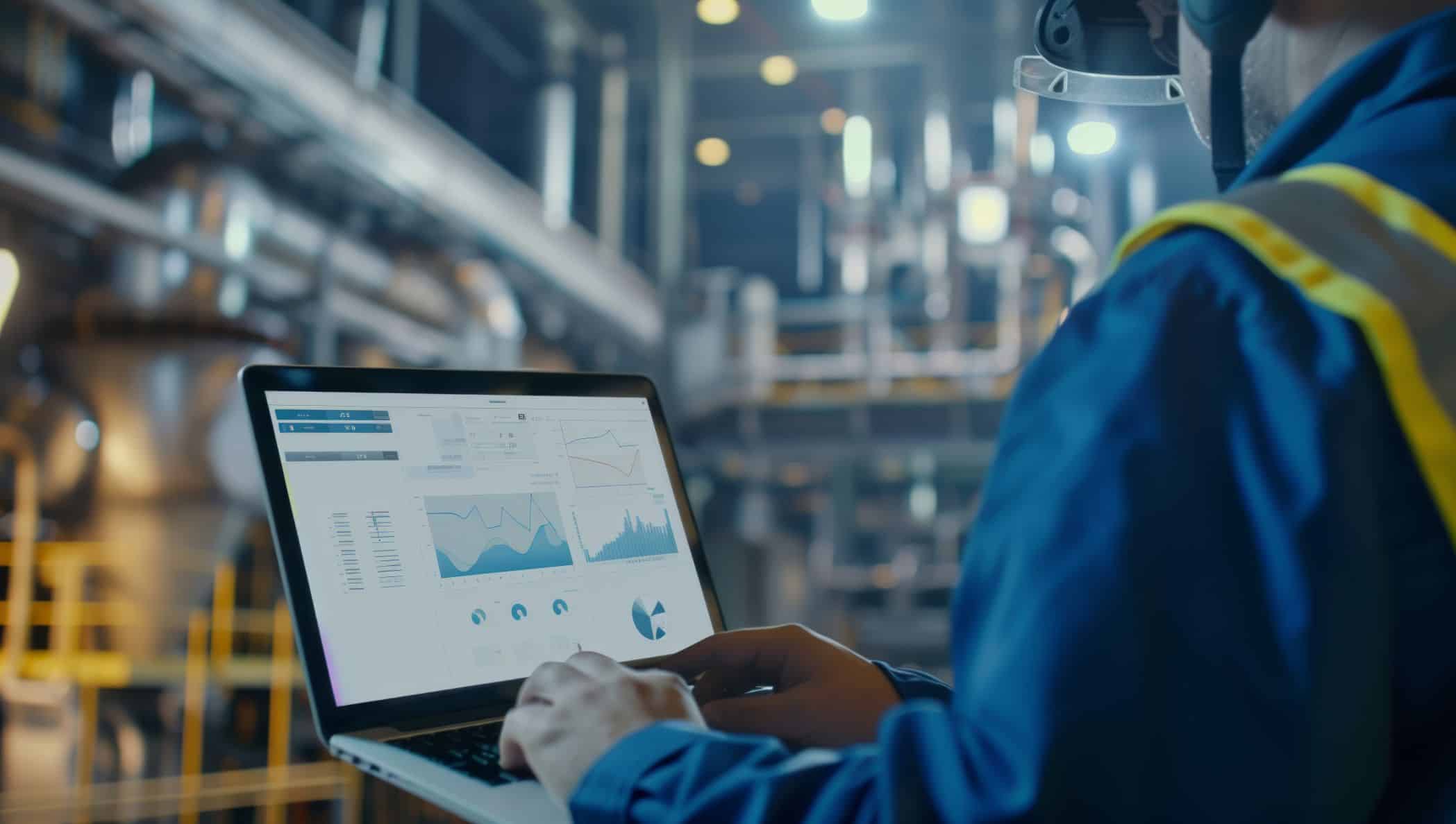 A imagem mostra um profissional em ambiente industrial utilizando um notebook para monitorar dados e gráficos em tempo real. Vestindo uniforme azul com colete refletivo e capacete com visor de proteção, ele parece estar inspecionando processos dentro de uma fábrica moderna e automatizada, cercada por tubulações metálicas e equipamentos industriais. Na tela do computador, diversos gráficos de desempenho e indicadores de produção sugerem uma análise detalhada de métricas operacionais, reforçando o conceito de gestão eficiente, controle de centro de custo e tomada de decisão baseada em dados dentro da indústria 4.0.