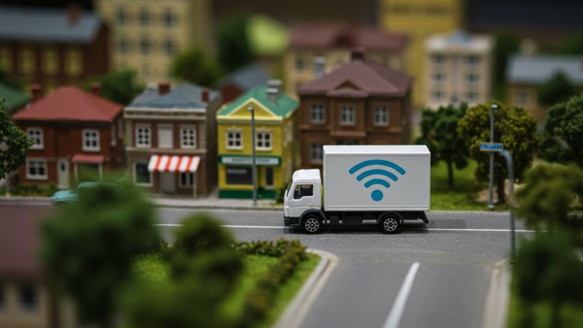 A imagem mostra uma miniatura de caminhão branco com um símbolo de Wi-Fi azul estampado na lateral, trafegando por uma rua de uma cidade em miniatura composta por pequenas casas e lojas com fachadas coloridas e árvores decorativas. O cenário simula um ambiente urbano, sugerindo uma representação conceitual de logística moderna e conectividade digital, como em serviços de entrega inteligente ou logística omnichannel. A composição visual reforça a ideia de integração entre tecnologia e mobilidade no contexto de cidades inteligentes.