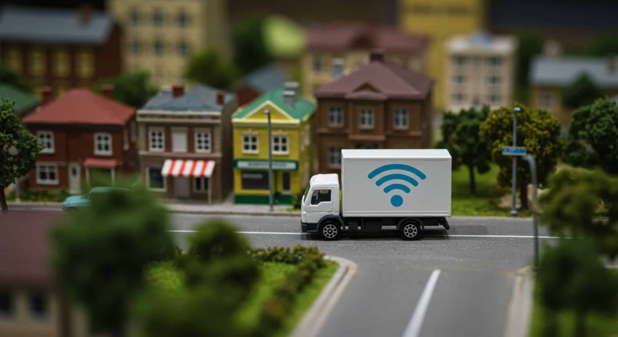A imagem mostra uma miniatura de caminhão branco com um símbolo de Wi-Fi azul estampado na lateral, trafegando por uma rua de uma cidade em miniatura composta por pequenas casas e lojas com fachadas coloridas e árvores decorativas. O cenário simula um ambiente urbano, sugerindo uma representação conceitual de logística moderna e conectividade digital, como em serviços de entrega inteligente ou logística omnichannel. A composição visual reforça a ideia de integração entre tecnologia e mobilidade no contexto de cidades inteligentes.