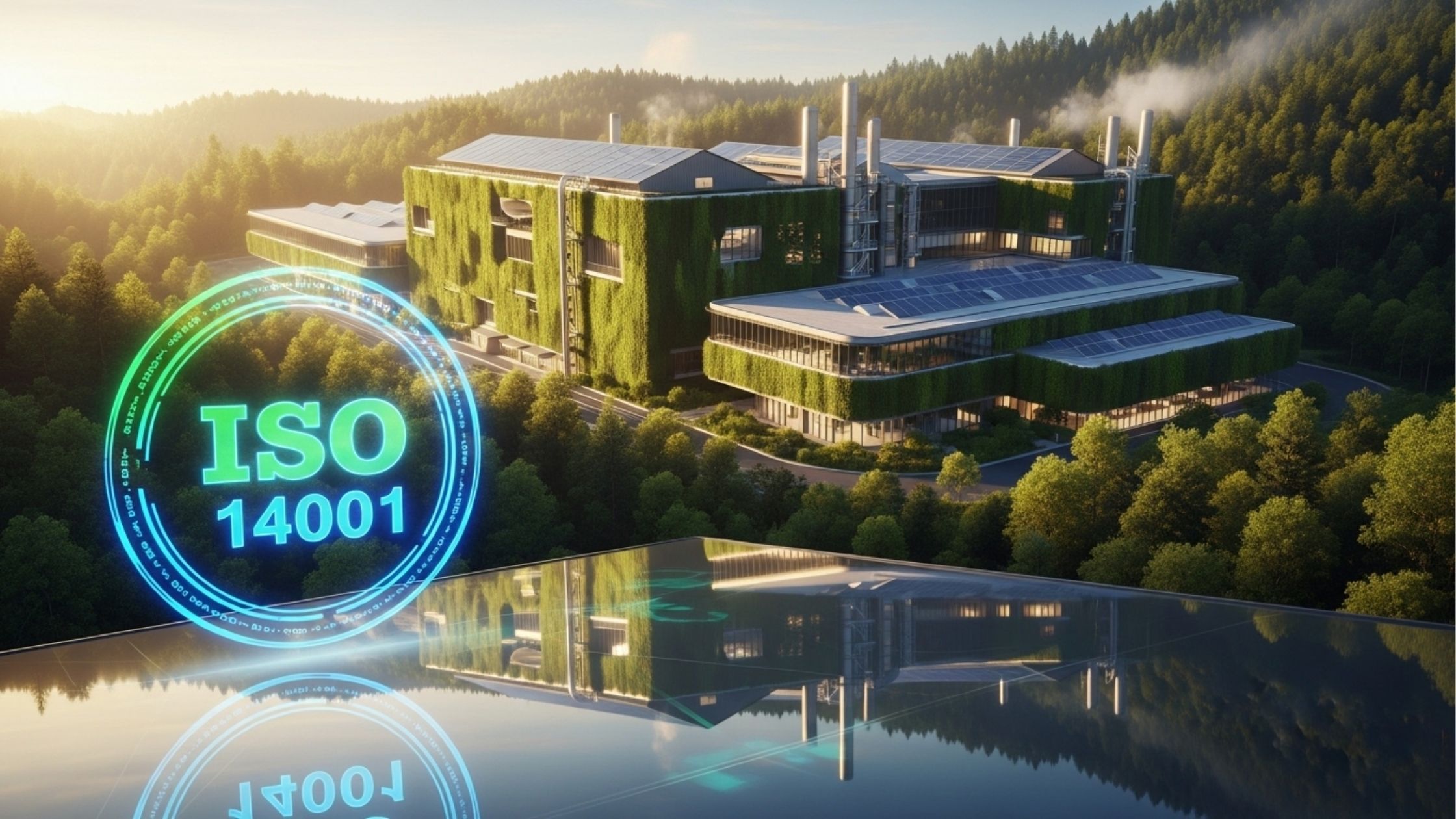 Uma ilustração de uma grande fábrica futurista e sustentável cercada por uma densa floresta verde, iluminada pela luz dourada do sol. Os prédios da fábrica possuem paredes cobertas de vegetação e telhados com painéis solares. Em primeiro plano, flutua um selo holográfico circular e brilhante com o texto "ISO 14001" em verde e azul, que reflete em uma superfície escura e polida logo abaixo.