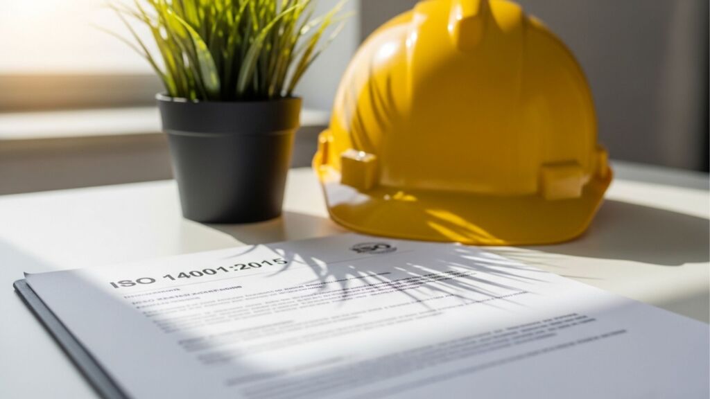 Em primeiro plano, sobre uma mesa branca banhada pela luz do sol, há um documento impresso com o título "ISO 14001:2015", com sombras de folhas projetadas sobre ele. Ao fundo, levemente desfocados, estão um pequeno vaso com uma planta verde e um capacete de segurança amarelo.
