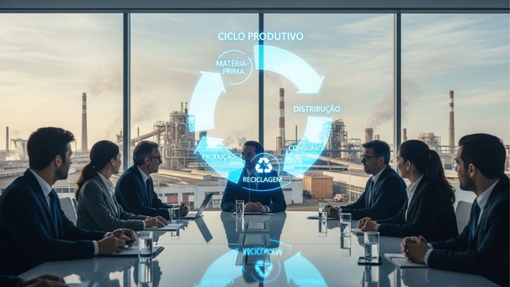 Fotografia com efeito de miniatura (tilt-shift) mostrando um canal de água reto no centro, refletindo a luz do sol. Nas margens, há gramados bem cuidados, ruas movimentadas com carros e casas residenciais. Ao fundo, destaca-se um complexo industrial com chaminés soltando fumaça branca. O céu é azul claro com pássaros voando.