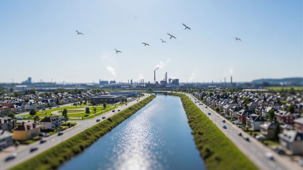 Fotografia com efeito de miniatura (tilt-shift) mostrando um canal de água reto no centro, refletindo a luz do sol. Nas margens, há gramados bem cuidados, ruas movimentadas com carros e casas residenciais. Ao fundo, destaca-se um complexo industrial com chaminés soltando fumaça branca. O céu é azul claro com pássaros voando.