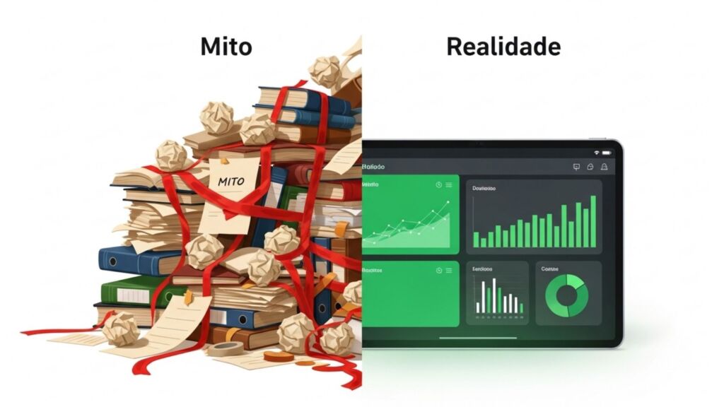Ilustração dividida em duas partes comparando "Mito" e "Realidade". À esquerda, sob a palavra "Mito", há uma pilha caótica de papéis amassados, livros e pastas amarrados com uma fita vermelha. À direita, sob a palavra "Realidade", há um tablet moderno exibindo um painel digital (dashboard) organizado com gráficos de desempenho na cor verde sobre um fundo escuro.