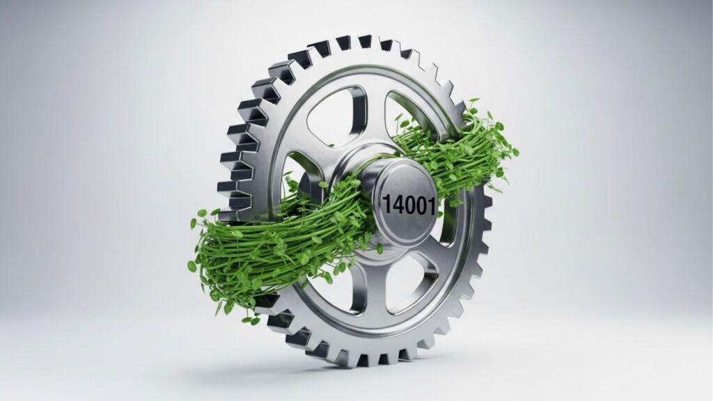 Uma engrenagem metálica prateada em fundo branco. Ramadas de plantas verdes crescem atravessando o buraco central e se enrolam em volta da peça, simbolizando a união da indústria com a natureza. No eixo central da engrenagem está gravado o número "14001".