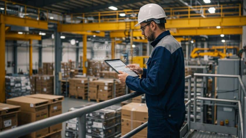 A imagem mostra um profissional da indústria, usando capacete de segurança branco e uniforme azul, em uma área de armazém ou fábrica moderna. Ele está em uma plataforma elevada, segurando um tablet e analisando dados digitais — representados por gráficos e indicadores flutuando de forma holográfica sobre a tela.
