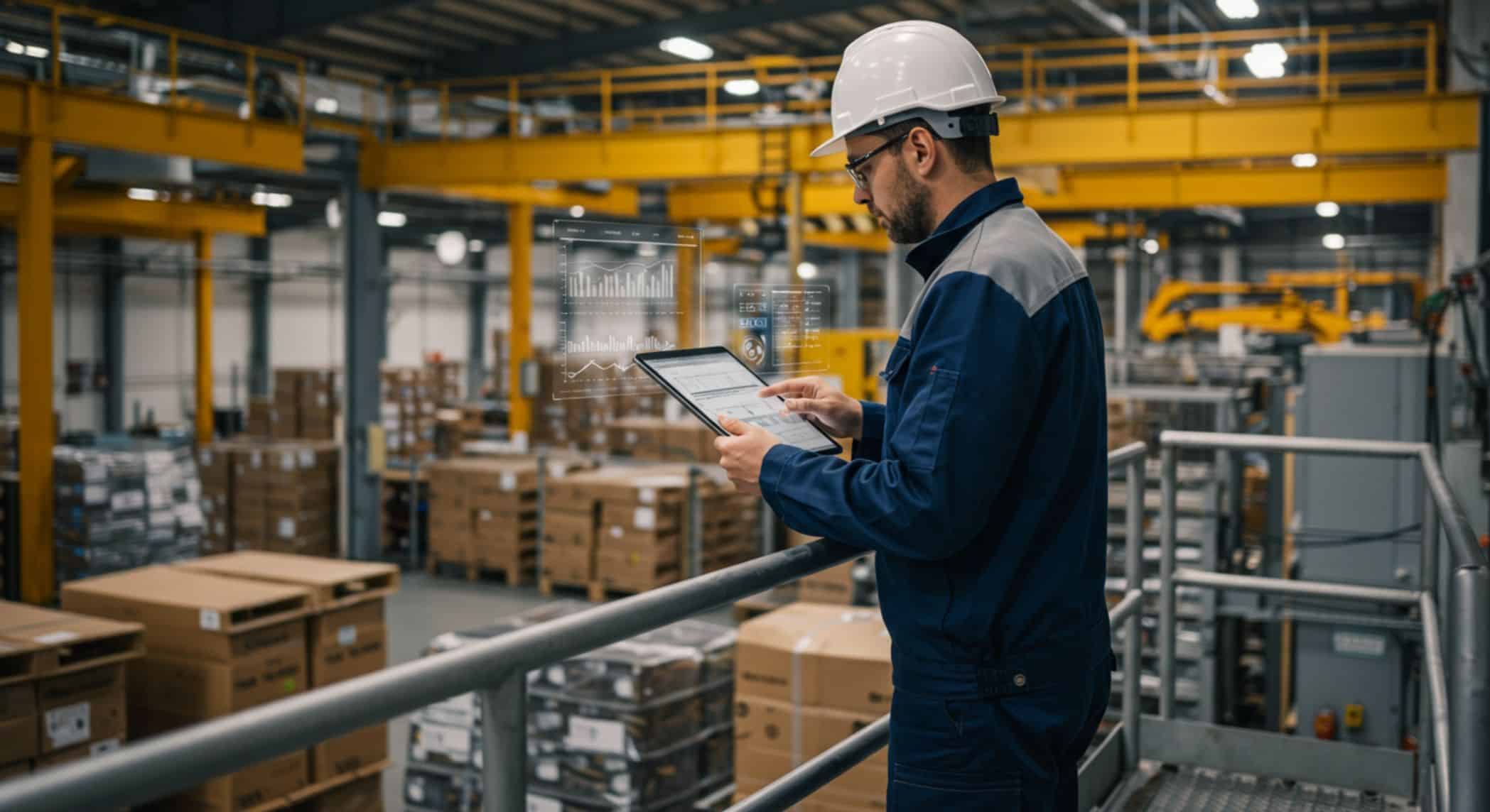 A imagem mostra um profissional da indústria, usando capacete de segurança branco e uniforme azul, em uma área de armazém ou fábrica moderna. Ele está em uma plataforma elevada, segurando um tablet e analisando dados digitais — representados por gráficos e indicadores flutuando de forma holográfica sobre a tela.