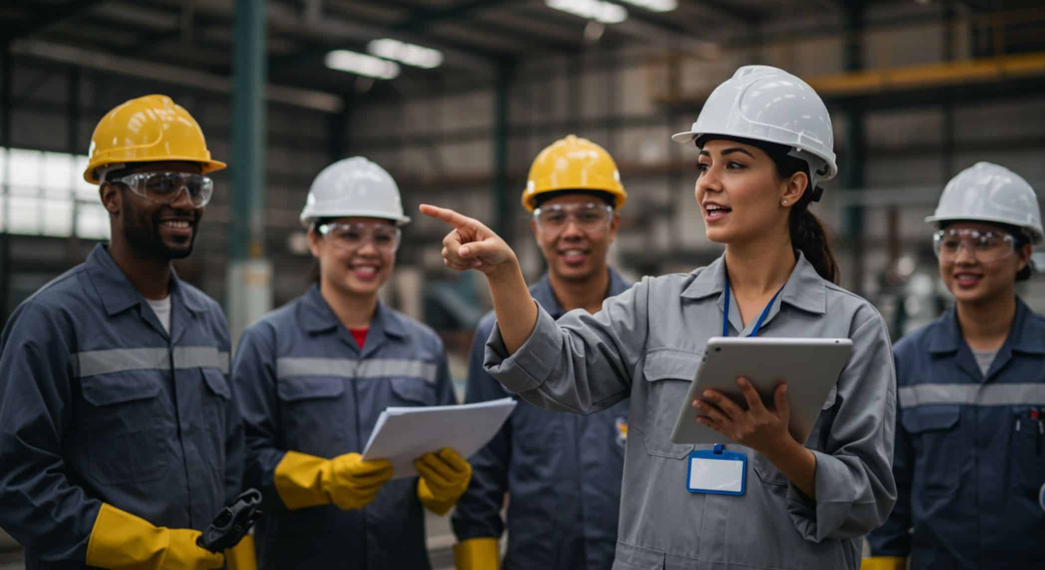 A imagem mostra um grupo de trabalhadores em um ambiente industrial, todos usando uniformes cinza, capacetes de segurança e óculos de proteção. A profissional em destaque, que segura um tablet e aponta para algo fora do quadro, aparenta estar liderando uma instrução ou treinamento de segurança.